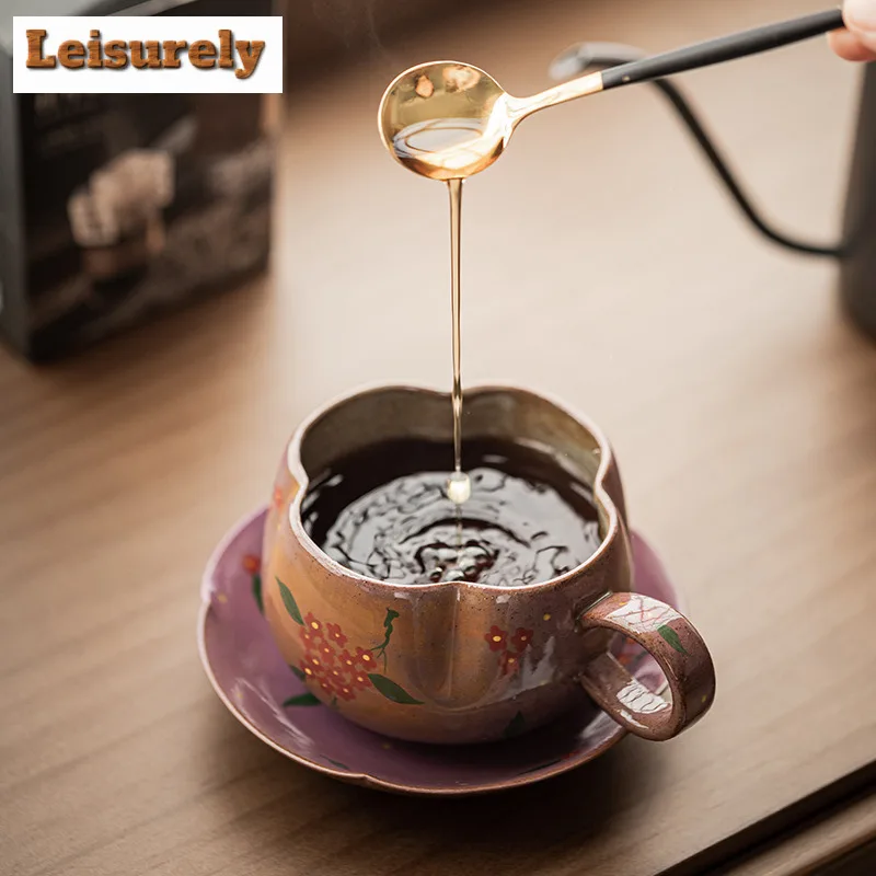 200ml Hand-painted Small Flower Coffee Mug With Plate Latte Cereal Mug Afternoon Tea Mug Cup Saucer Kit Office Water Cup Teaware