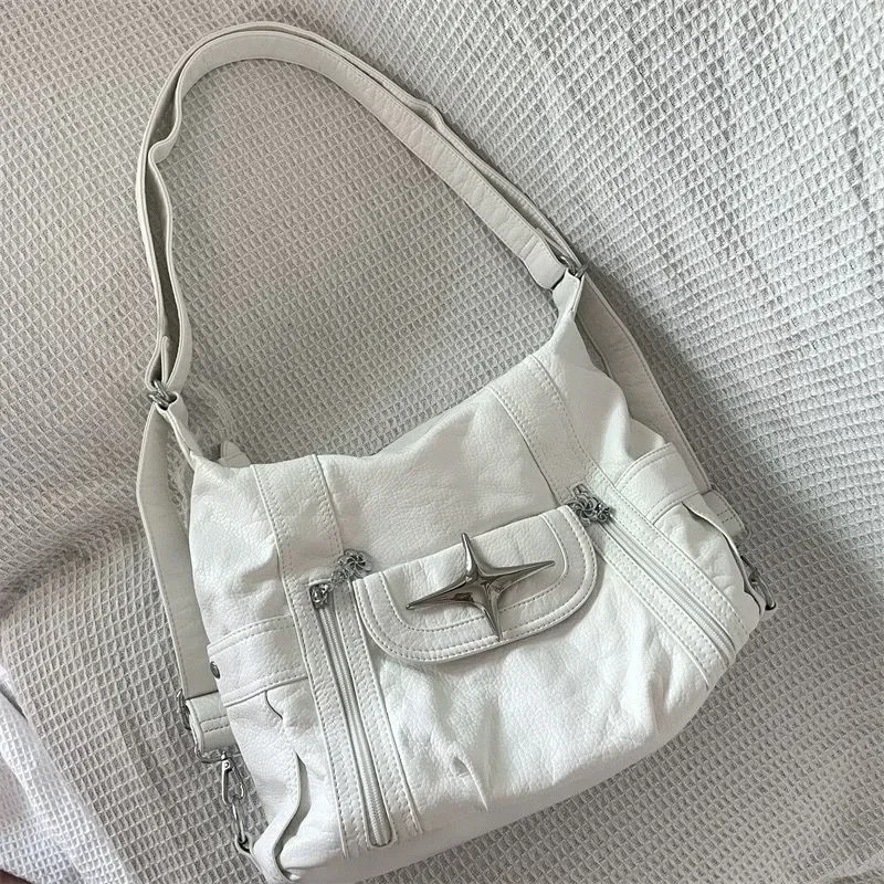 Shoulder Bag Ladies Handbag Crossbody Bag Xiuya Y2k Large Capacity Shoulder Bag White Pu Leather Cross Handbag American Style Punk Goth Fashion Simple Designer Handbag