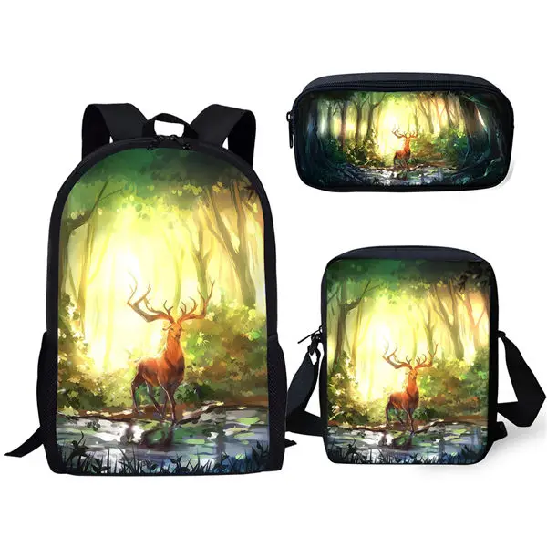 3Pcs Set Backpack Fantasy Animal Deer Pattern Print Student School Bag with Lunch Bag Pencil Bag Teenager Daily Casual Backpack