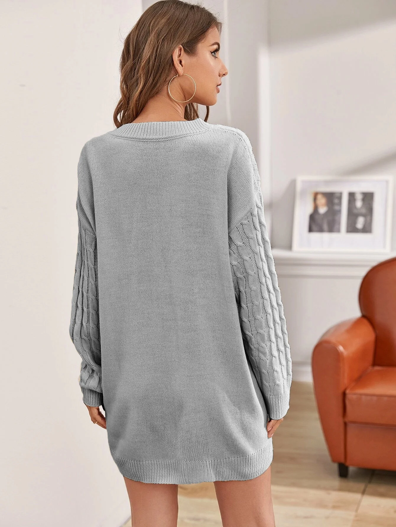 Knitted V-neck French Sexy Dress Fried Dough Twists Solid Color Medium Long Waisted Women's