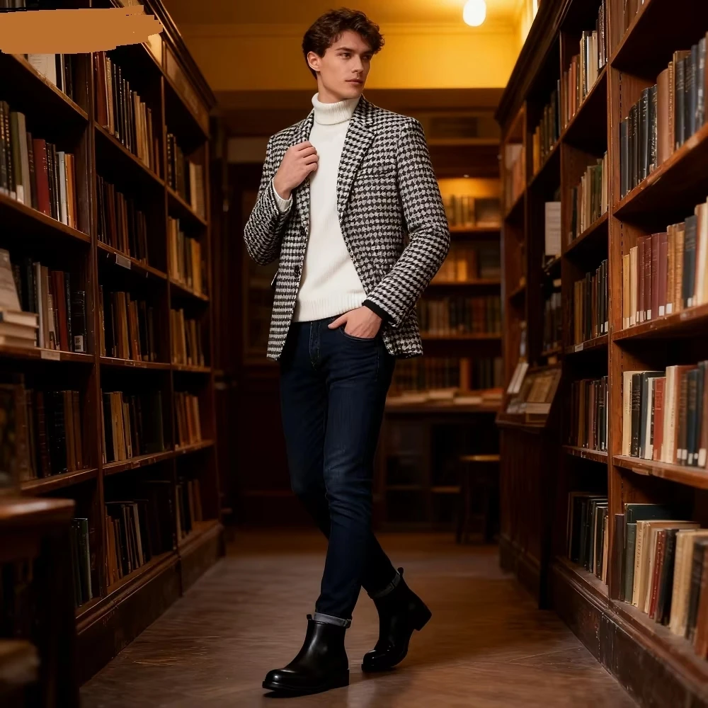 Men's Houndstooth Formal Suit Jacket Notch Lapel Blazer Two Buttons Wool Blend Coat for Party Prom Business Tuxedo One Piece