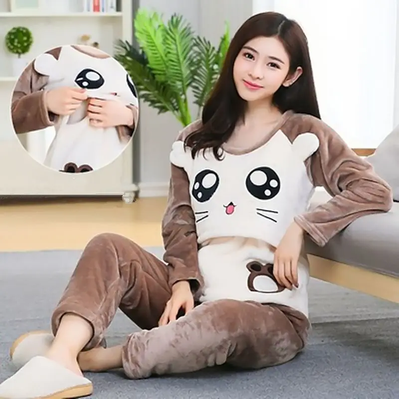 Autumn Long Sleeve flannel Maternity Clothing winter Thin coral fleece Pajamas Set Pregnant Women Breastfeeding Nursing Pyjama Cotton Pajama Set Breastfeeding Nightgown Maternity Nightgown Set