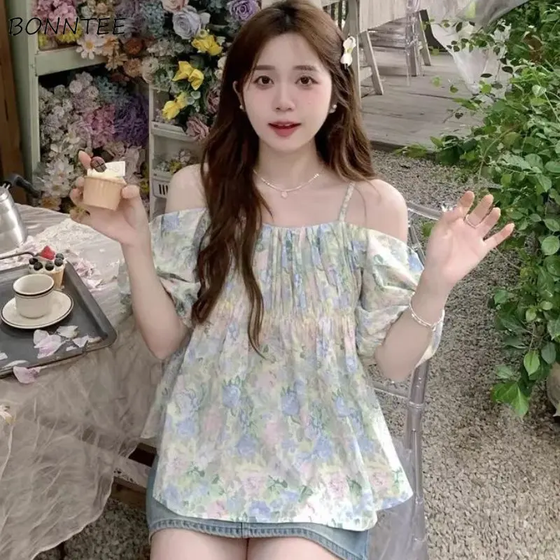 

Printed Blouses Women Aesthetic Casual Folds Summer New Streetwear Fairycore Korean Style Prevalent Gentle Literary Loose Tops