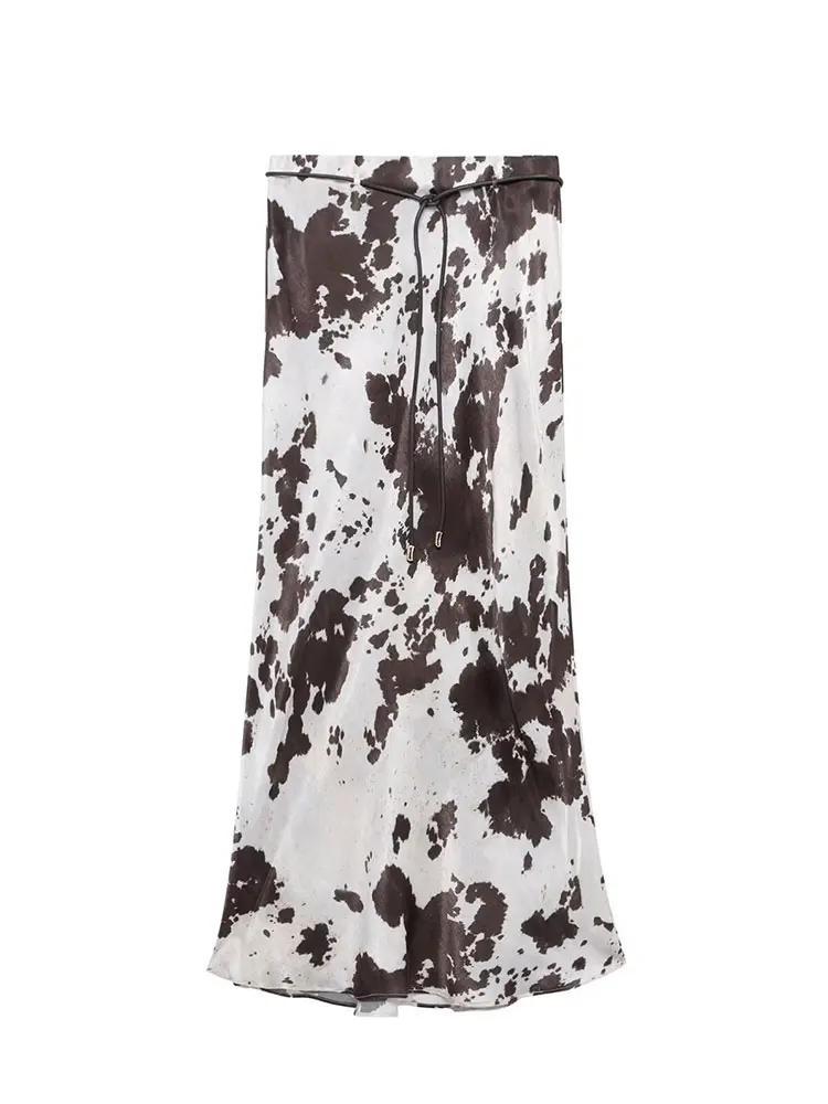 HH Women Fashion Print Long Skirts Belt Design High Waist Midi Skirt Elegant Woman 2025 Summer Casual Holiday Skirts