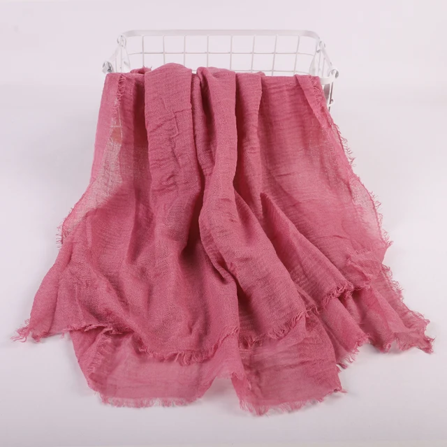 hijab Bandeau voile froissé en coton pour femme, écharpe longue de couleur unie