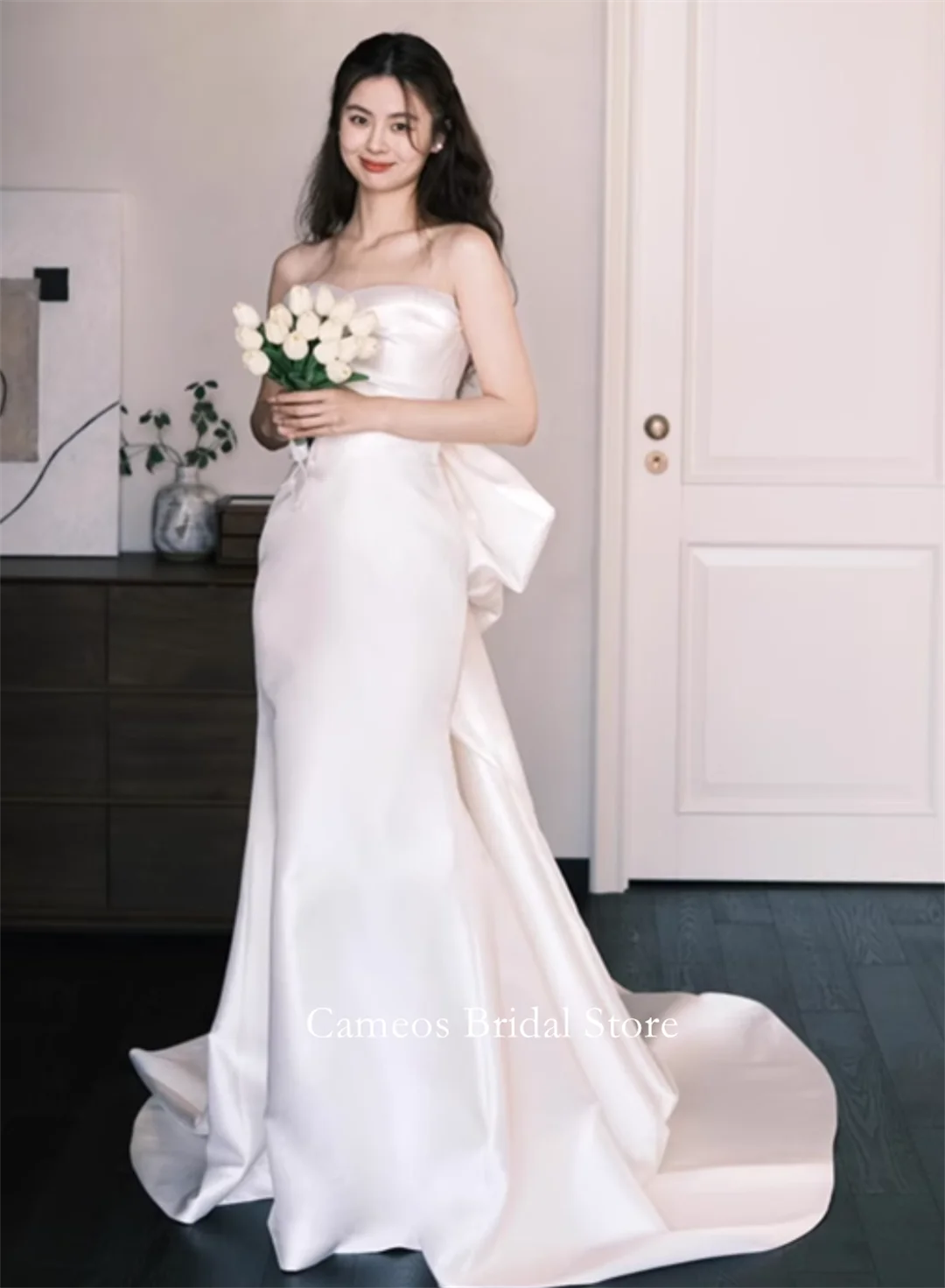 SONDR Customized Wedding Dresses Sleeveless Ivory Strapless Korea Satin Mermaid Bowith Brides Gowns Women Bridal Dresses