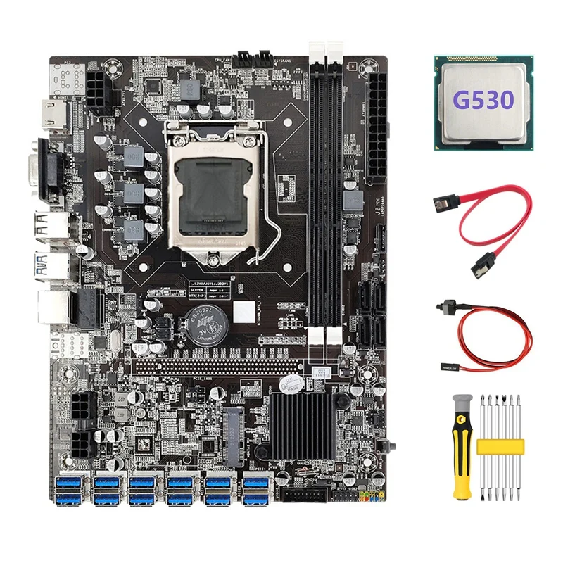 B75 ETH Mining Motherboard 12 PCIE to USB+G530 CPU+Screwdriver Set+Switch Cable+SATA Cable DDR3 LGA1155 Motherboard