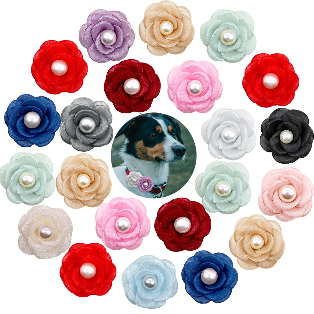 

20/30/50PS Solid Removable Dog Flower Bowties Collar Pearl Small Dog Bowtie Grooming Pet Cat Bows For Dogs Pet Accessories