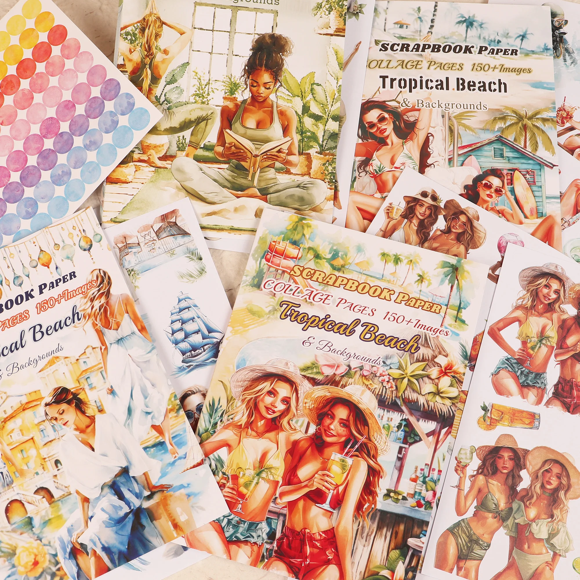 JAIIMAN 18sheets(150+images) Non Self-adhesive Tropical Beach DIY Trimmable Scrapbook Book With 2 Dot Stickers,for Arts Crafts