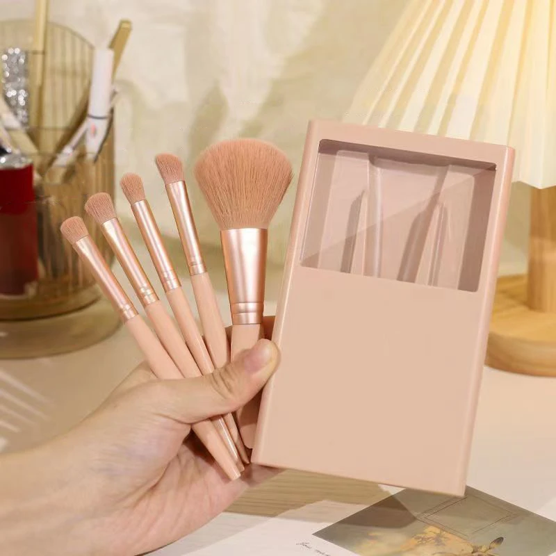 5pcs/set Makeup Brush With Mirror Box Soft-bristled Loose Powder Eyeshadow Blusher Brush Home Travel Portable Makeup Kit