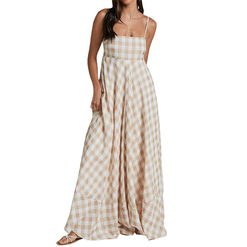 Summer Long Dresses Women Plaid Print Spaghetti Strap Sleeveless A Line Dresss Vacation Party Dresses Beachwear
