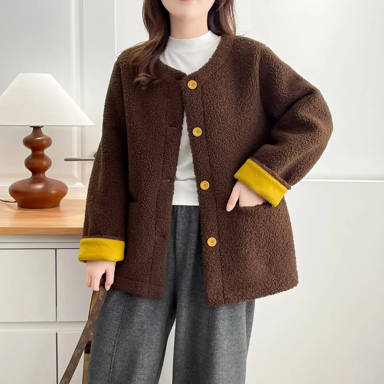 XXXXL Fashion Plus Size Women's Coat 2025 Winter Stylish Casual Color Blocking Fleece Jacket Thickened Cardigan Outerwear 655