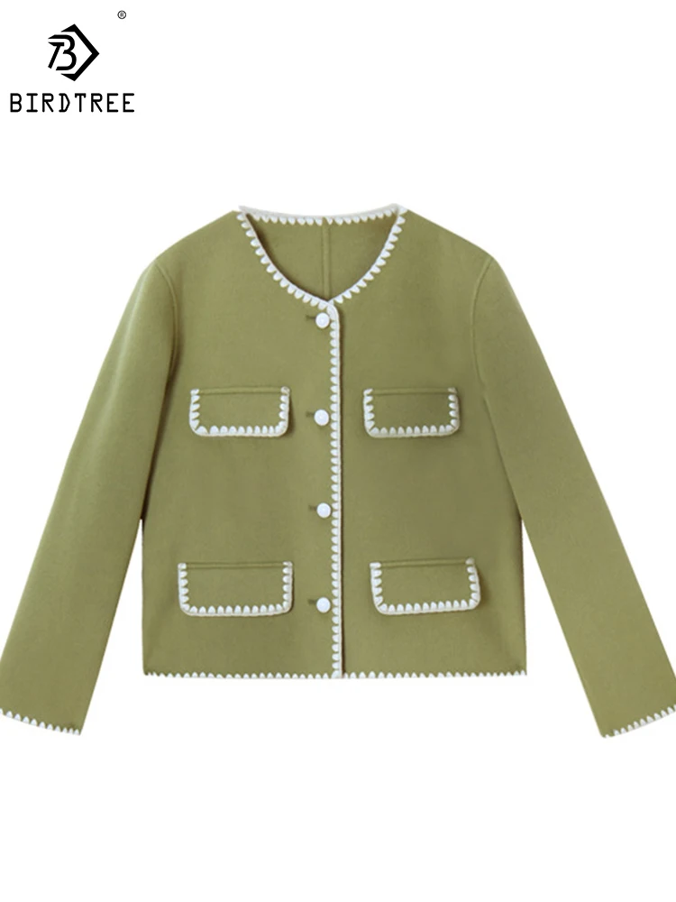 

Birdtree 68.5% Sheep Wool Coat Fall/Winter Contrast Shell Embroidered Handmade Double-sided Tweed Loose Cropped Coats C39401QD