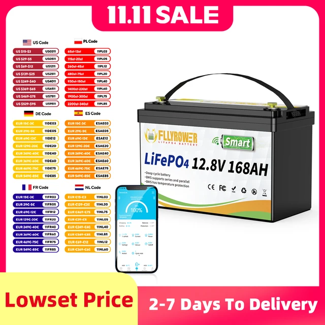 FLLYROWER 12V 168AH LiFePO4 batterie au Lithium avec Bluetooth BMS 8000 + Cycles pour camping-cars de tourisme batterie éolienne solaire tout-terrain 1