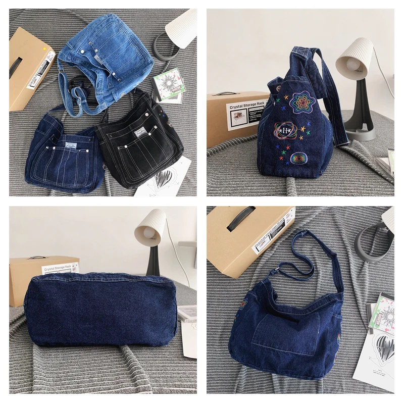 Y2K Denim Women's Bag Black Jeans Shoulder Cross Bag Multiple Pockets Eco Bag Korean Messenger Bags School Book Handbag Zipper