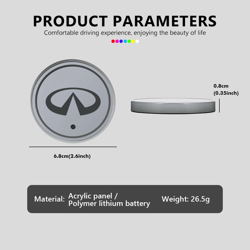 7색 LED 자동차 컵홀더 라이트 발광 코스터 물컵 패드 액세서리 인피니티 QX50 QX30 QX60 G25 JX35 FX35 FX37 FX50용