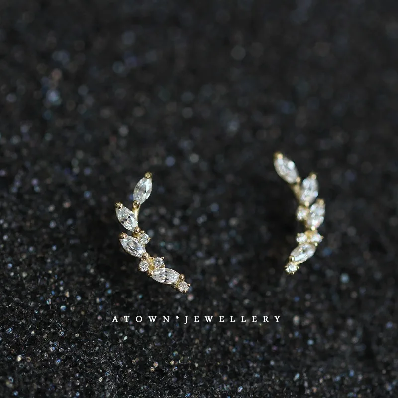 

Original 925 Sterling Silver 14K Gold Laurel Flower Branch Zircon Stud Earrings For Woman Wedding Luxury Jewelry Wholesale