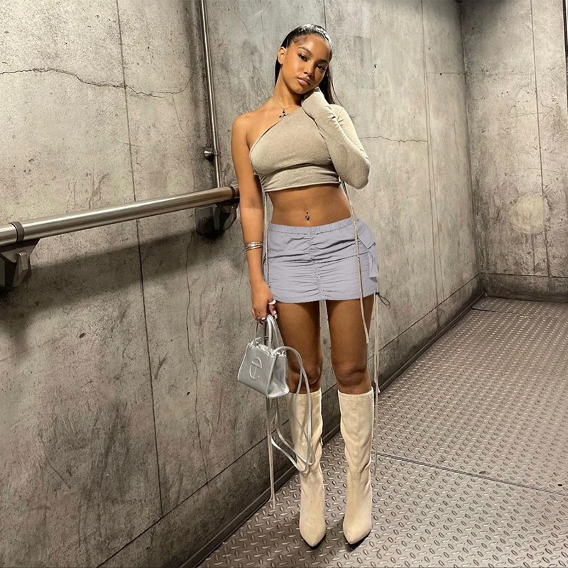 Solid Drawstring Ruched Cargo Skirt For Women High Waist Y2k Women Clothes Casual Pleated Saias Fashion Streetwear Summer 2023