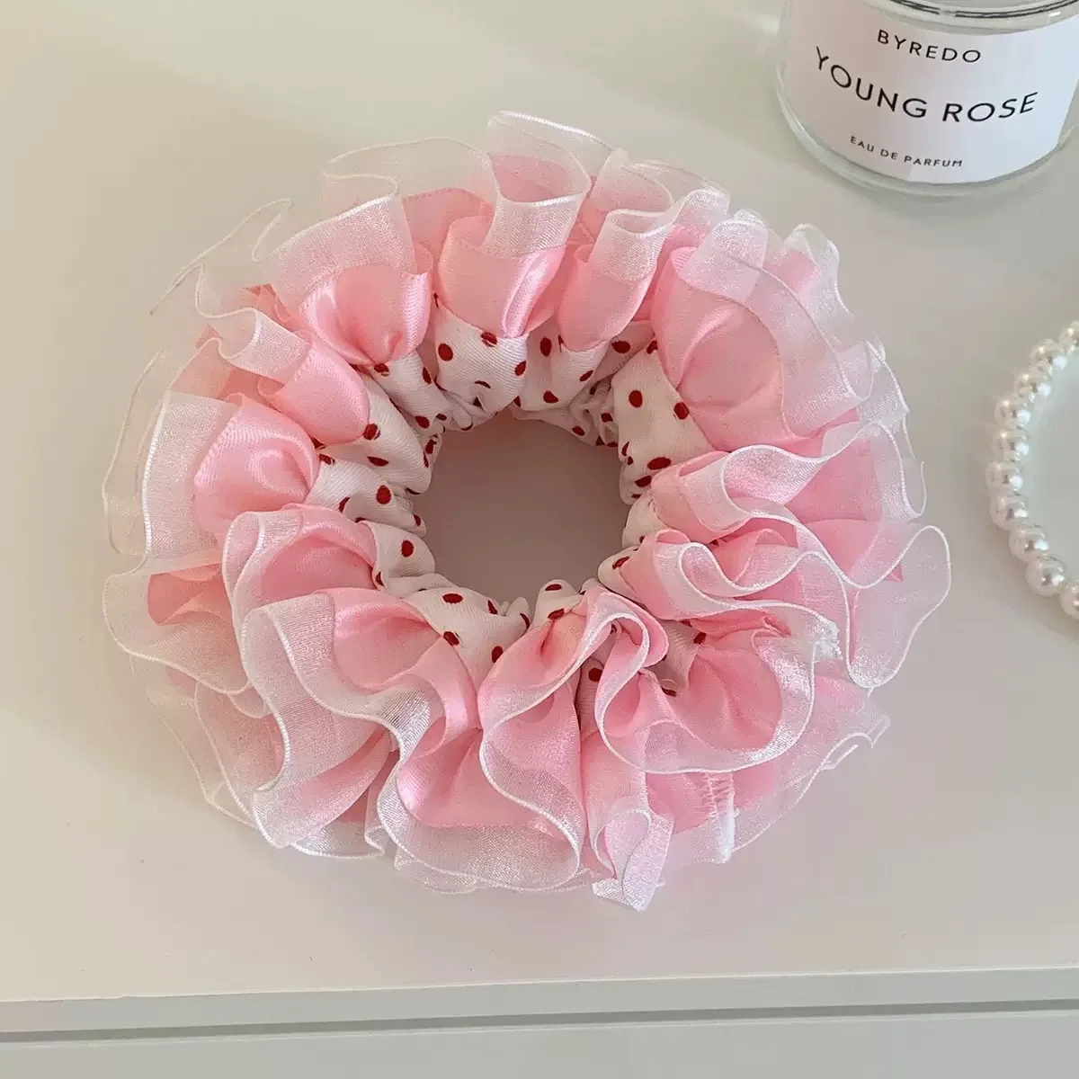 Elegant Ballet-Style Pink Polka Dot Hair Scrunchie