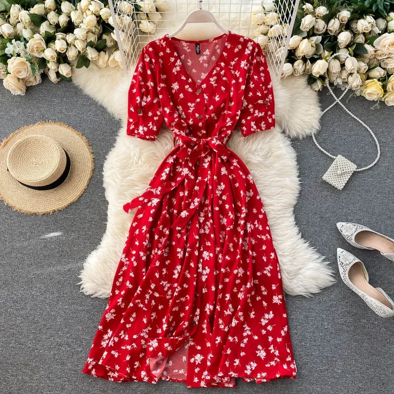 Sad146b9aae6c44a182938b881f2ccc49g Korean Red elegant sexy Dress women Summer Autumn V-neck polka dot midi dress waist split dress vestidos de fiesta clothes