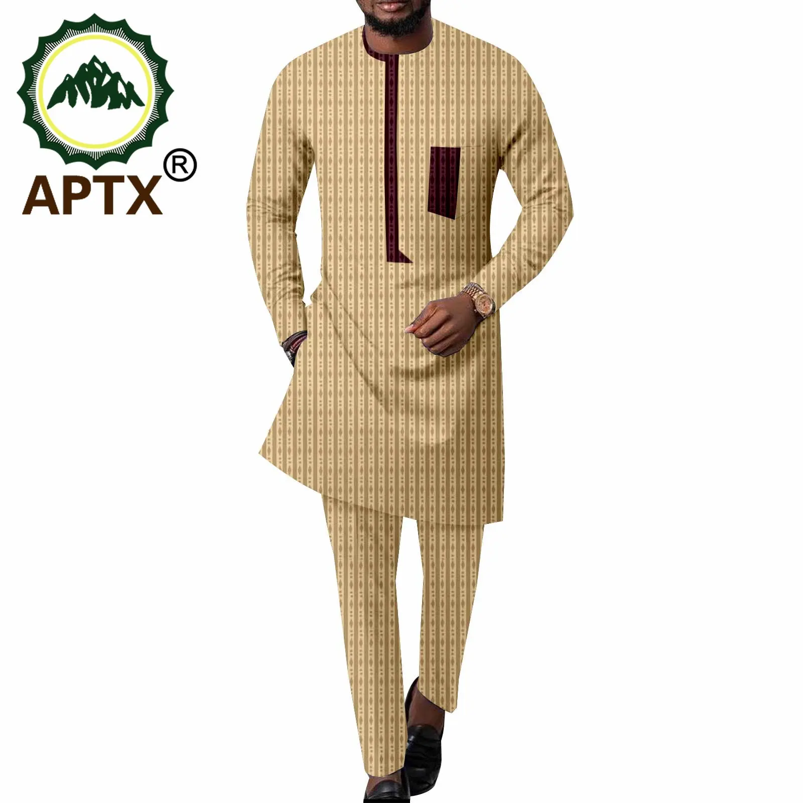 APTX African Men's Clothing 2 Pieces Set Casual Suit Long O-Neck Top Shirt Full Length Slim Pants Daily Causal Wear A2316001