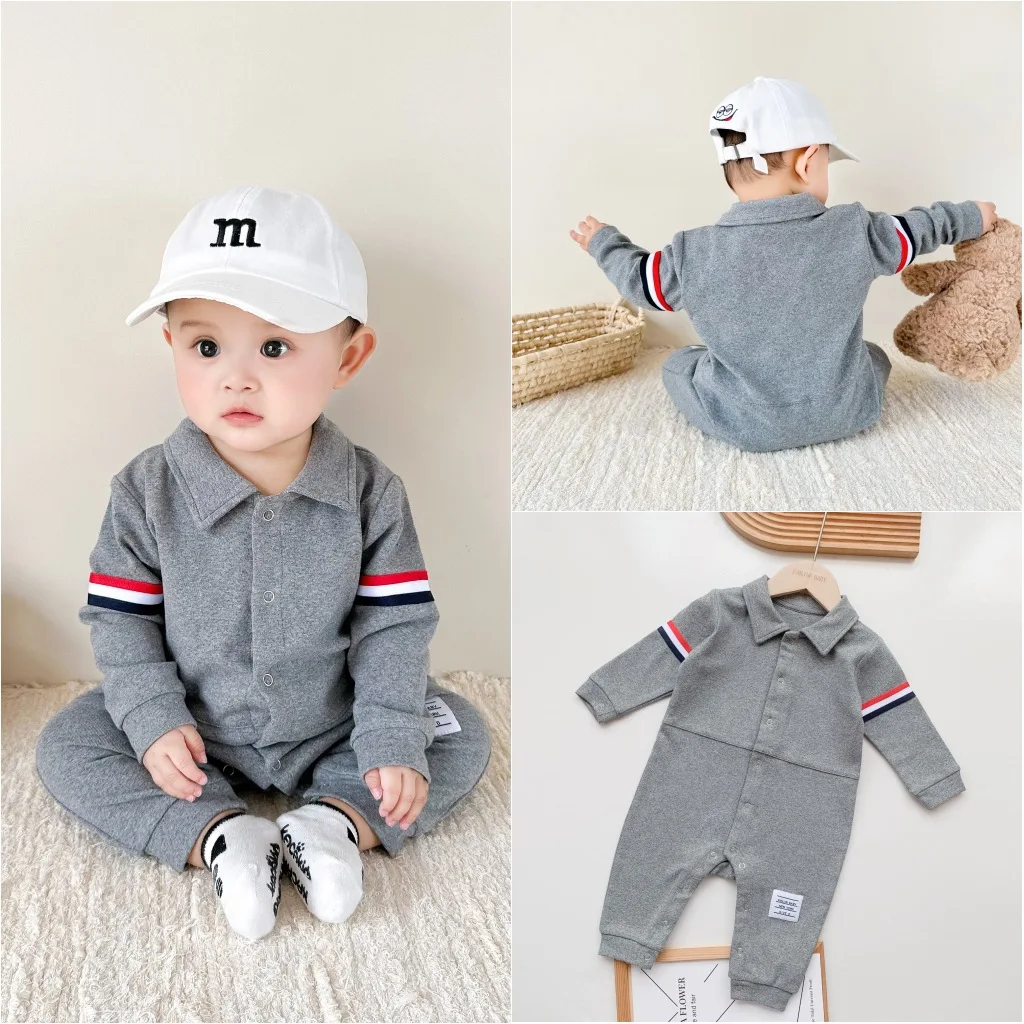 

Baby Cotton Lapel Fashion Rompers Autumn Gentleman's Boys Long-sleeved Open-button One-piece Korean 0-3Y Infant Bodysuits