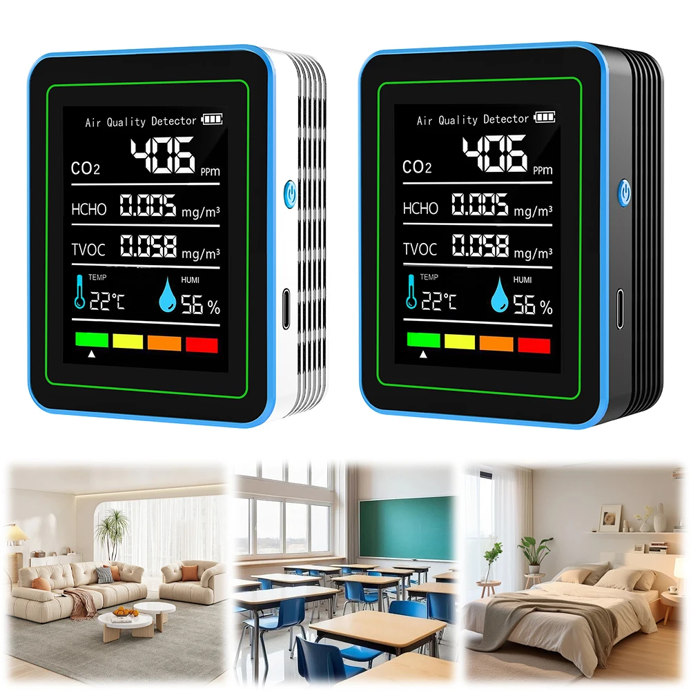 5-in-1 Air Quality Monitor Indoor Air Quality Meter USB Charging CO2 Detector Portable Tester for Home Office School