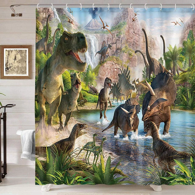 Feelyou Jungle Dino Conjunto de cortina de chuveiro de banheiro com dinossauro  verde cortina de banho de dinossauro de desenho animado para crianças  meninos meninas animais selvagens crianças acessórios de banheiro 182,8