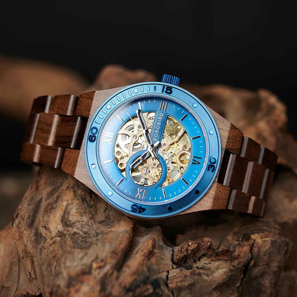 BOBO BIRD-Montre-bracelet en bois pour homme, montre mécanique automatique évidée, cadeau parfait pour la fête des pères, boîte en bois, nouvelle mode, 2023