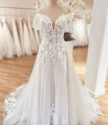 BEPEITHY Romantic A Line Lace Wedding Dresses Sweetheart Sweep Train Short Sleeves Modern Bride Ivory Bridal Gown For Women 2023