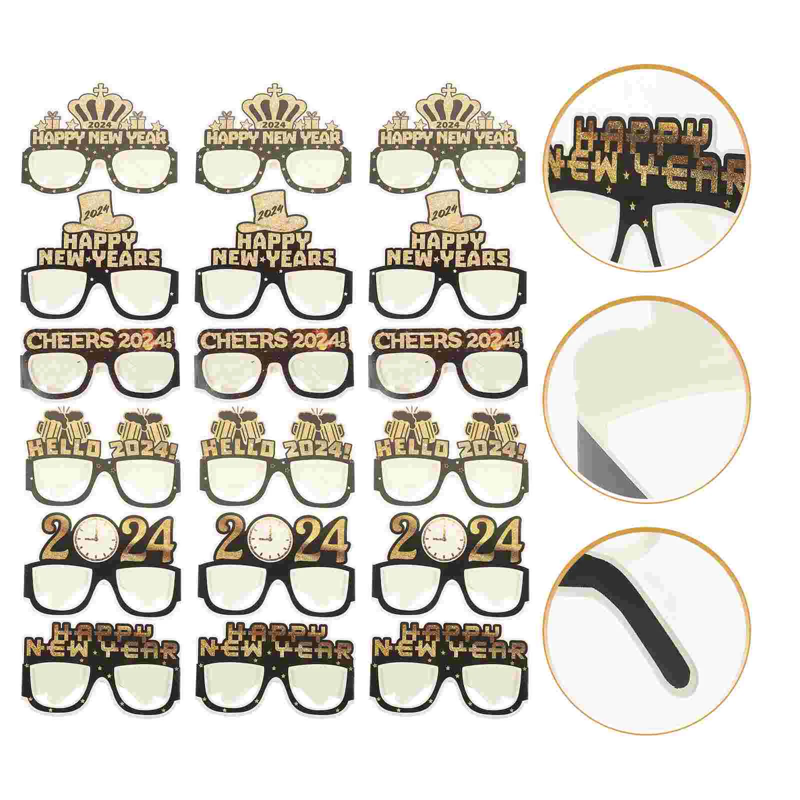 

18pcs Happy New Year Eyeglasses 2024 New Year Party Paper Glasses Photo Props