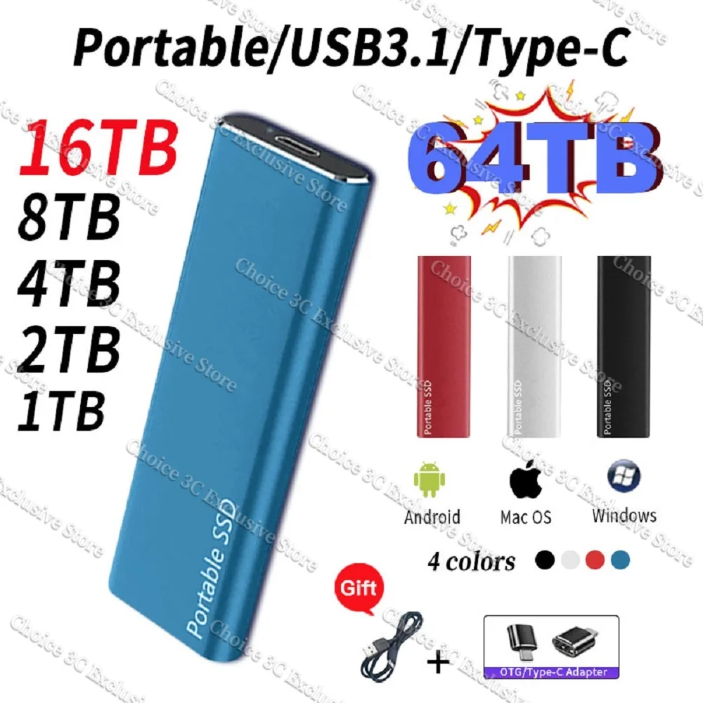 

High-speed External Hard Drive 16TB USB3.1 Interface Portable SSD 1TB 2TB External Storage Hard Disk Type-C SSD for Laptop Mac