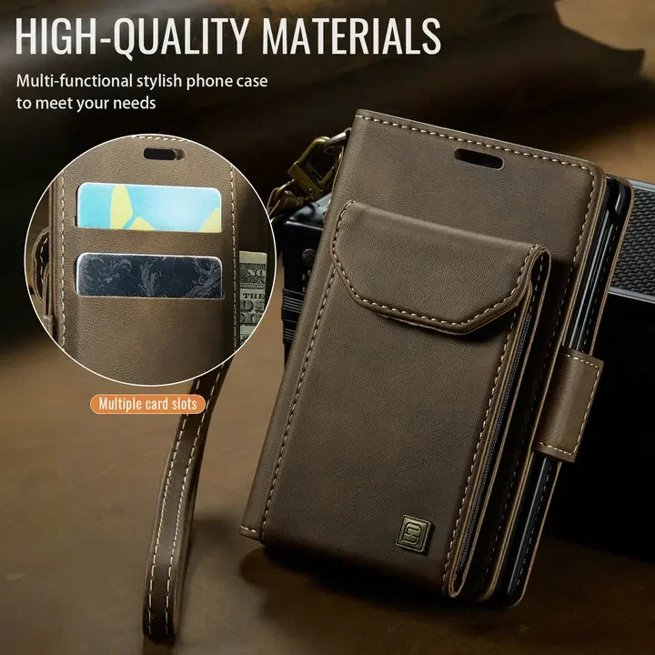Leather Flip Wallet Case with Lanyard Strap for Foldable Phones - Shockproof Protective Cover