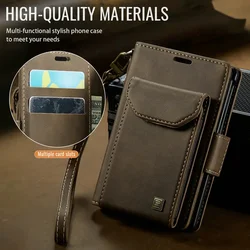 Leather Flip Wallet Case with Lanyard Strap for Foldable Phones - Shockproof Protective Cover (Brown)
