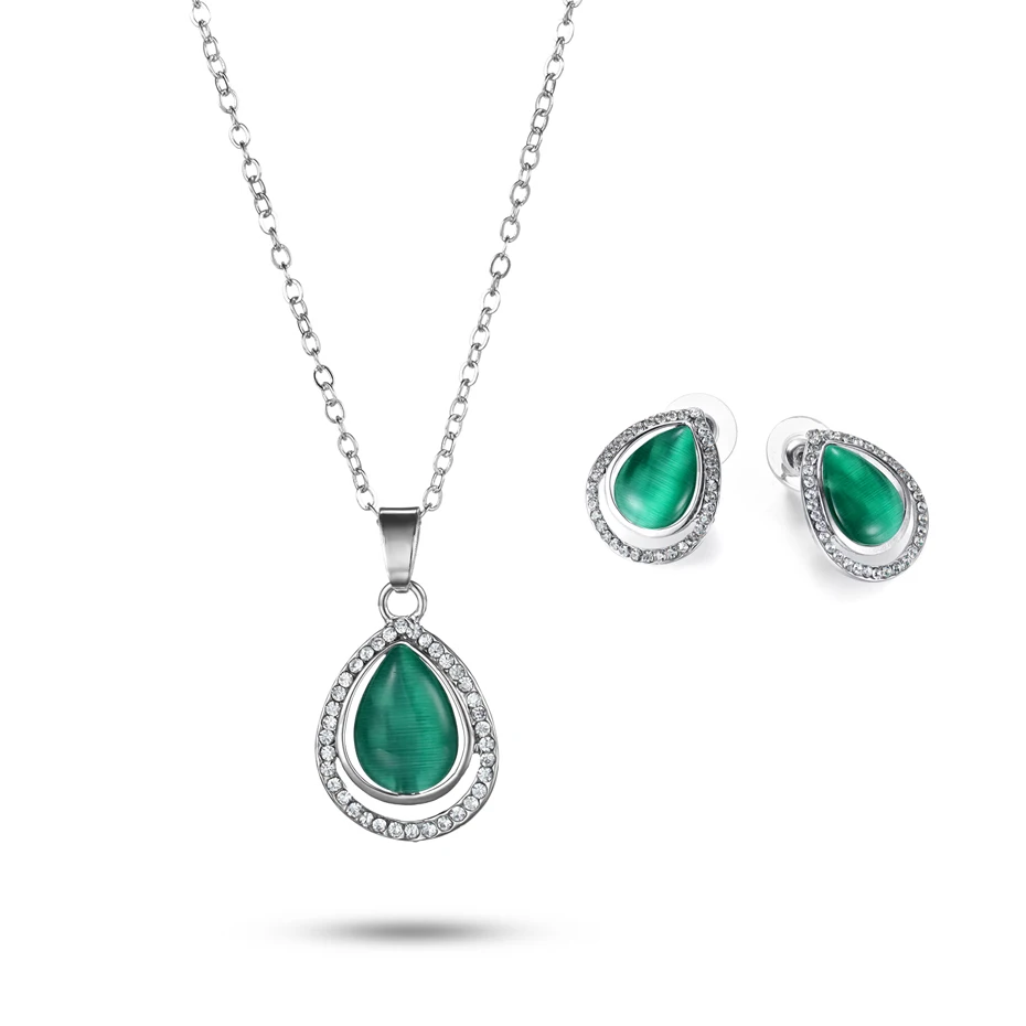 Rainso Green Color Zircon Crystal Earrings For Women Platinum Plated Luxury Studs Necklace Party Jewelry Sets Replacment 2023