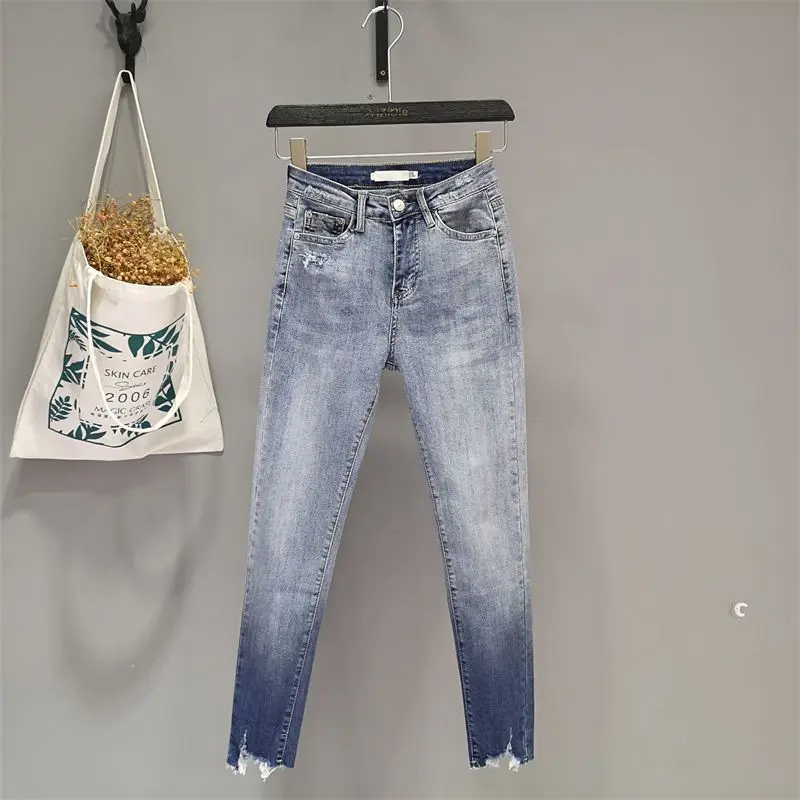 

Stretch Women's Jeans 2023 New Spring and Autumn Trend Blue Hight Waist Ripped Casual Fashion Streetwear Denim Pencil Pants V28