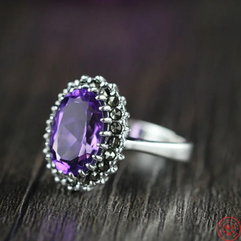 

Genuine S925 Sterling Silver Charms Rings for Women New Fashion Claw Setting Amethyst Garnet Marcasite Jewelry Free Shipping