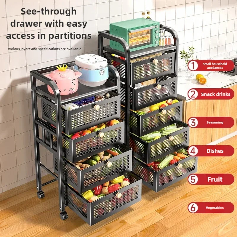 Floor-to-Ceiling Multi-Layer Kitchen Storage Rack Drawer-Type Fruit and Vegetable Basket Iron Trolley Home Storage