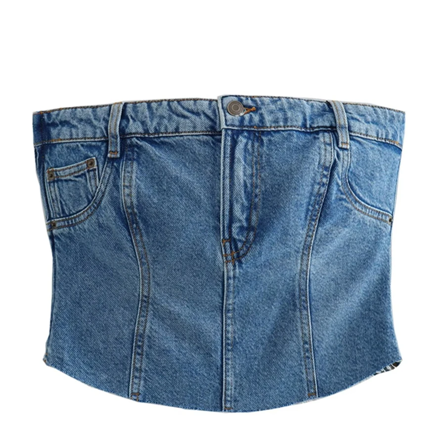 

Maxdutti Fashion Girls Blogger High Street Splicing Women Denim Corset Sexy Retro Short Summer New Tube Top