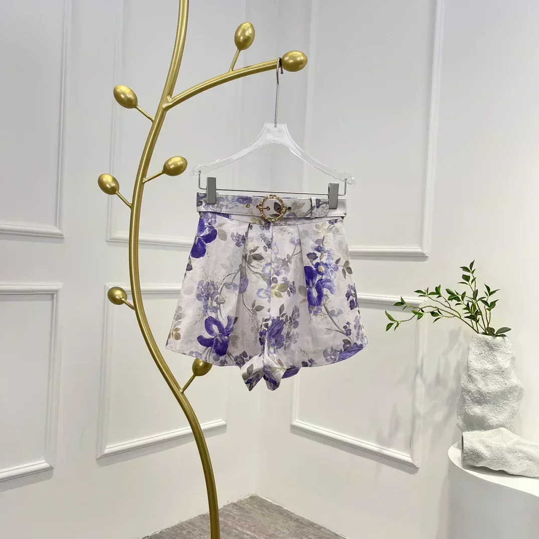 Purple Floral Printing 2023 New Summer Arrvals Linen Silk Vintage Casual Buttons Long Sleeve Blouse and Belt Shorts Woman Set