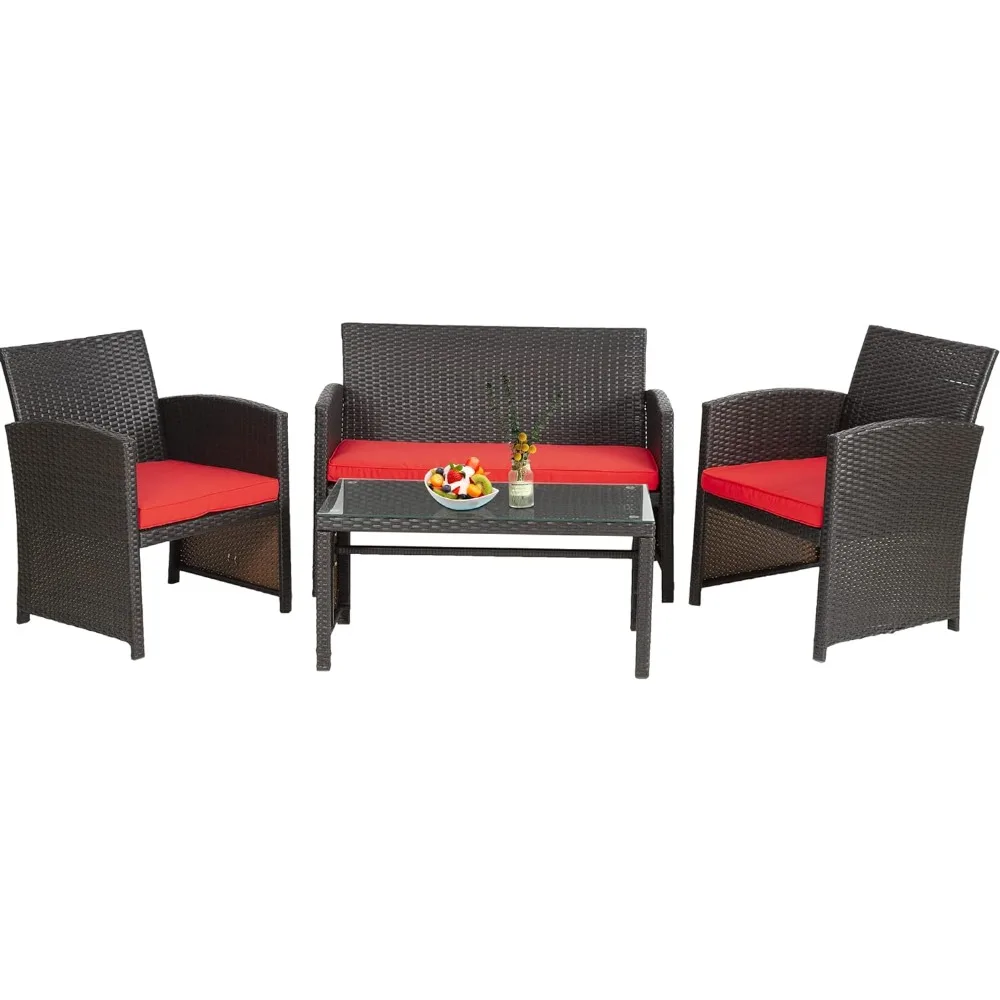 

Furniture Set Willow Vine Chair Set Sofa 4-piece Set Lawn Chair Outdoor Garden porch Pool Balcony Furniture, Blue Cushion