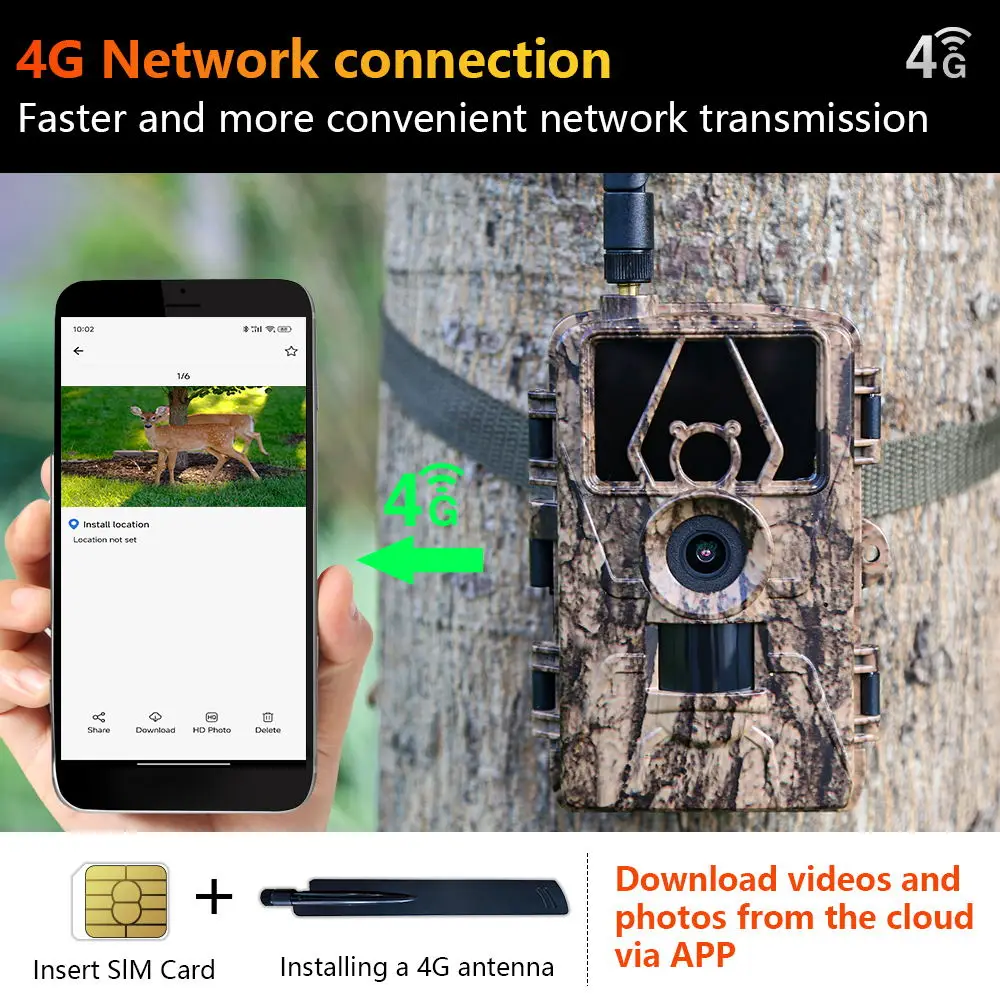 4G LTE Hunting Trail Camera 60MP HD 8K APP Control Night Vision Photo Trap with SIM card Cellular Mobile Wireless Wildlife Cam