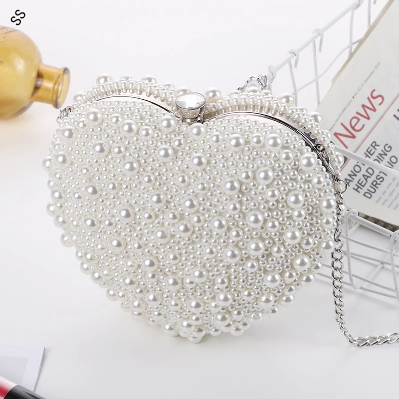 Heart Design Full Pearl Handmade Fashion Clutch Single Chain Crossbody Bag Handbag Woman