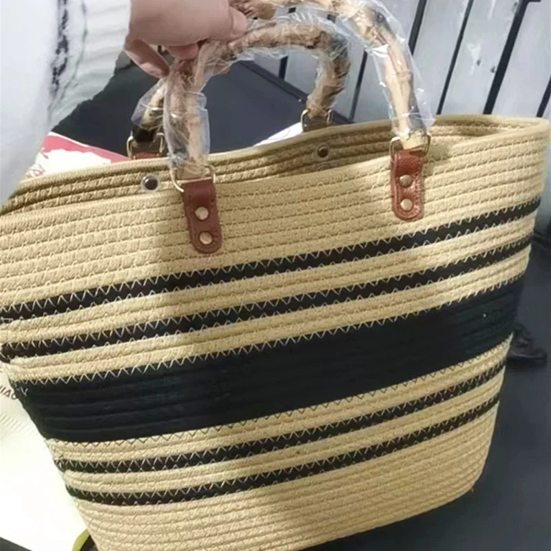New Imitation Bamboo Knot Handbag Cotton Thread Tote Woven Women's Bag Mommy Large Capacity Straw Woven Bag Handle Bag
