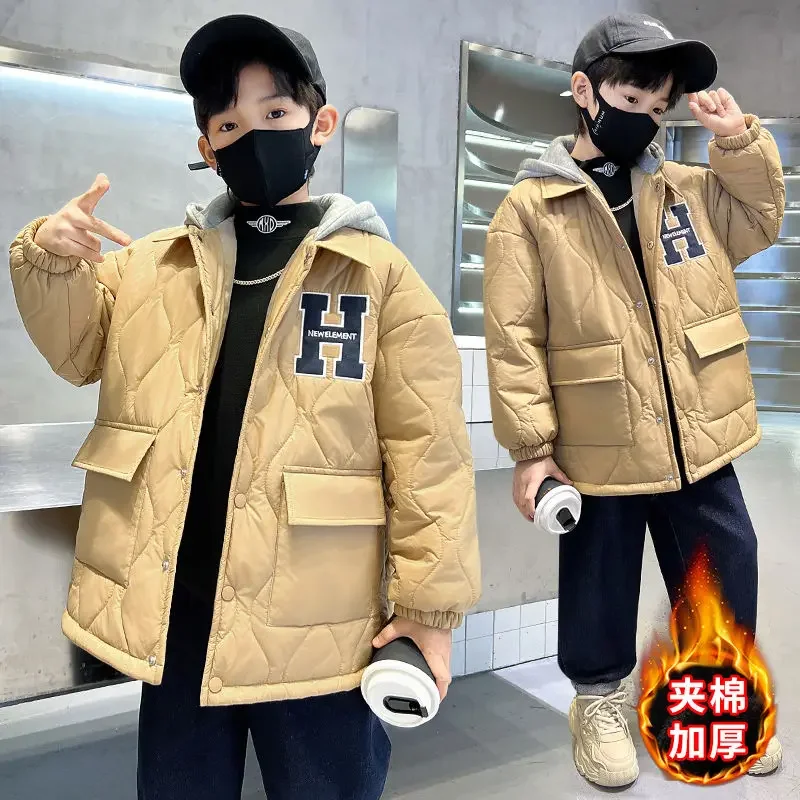 

2024 Junior Winter Clothes Korean Childrens Boys Jackets Cotton Coats Thick Warm Outdoor Clothes for Teens Loose Outerwear 5-14Y