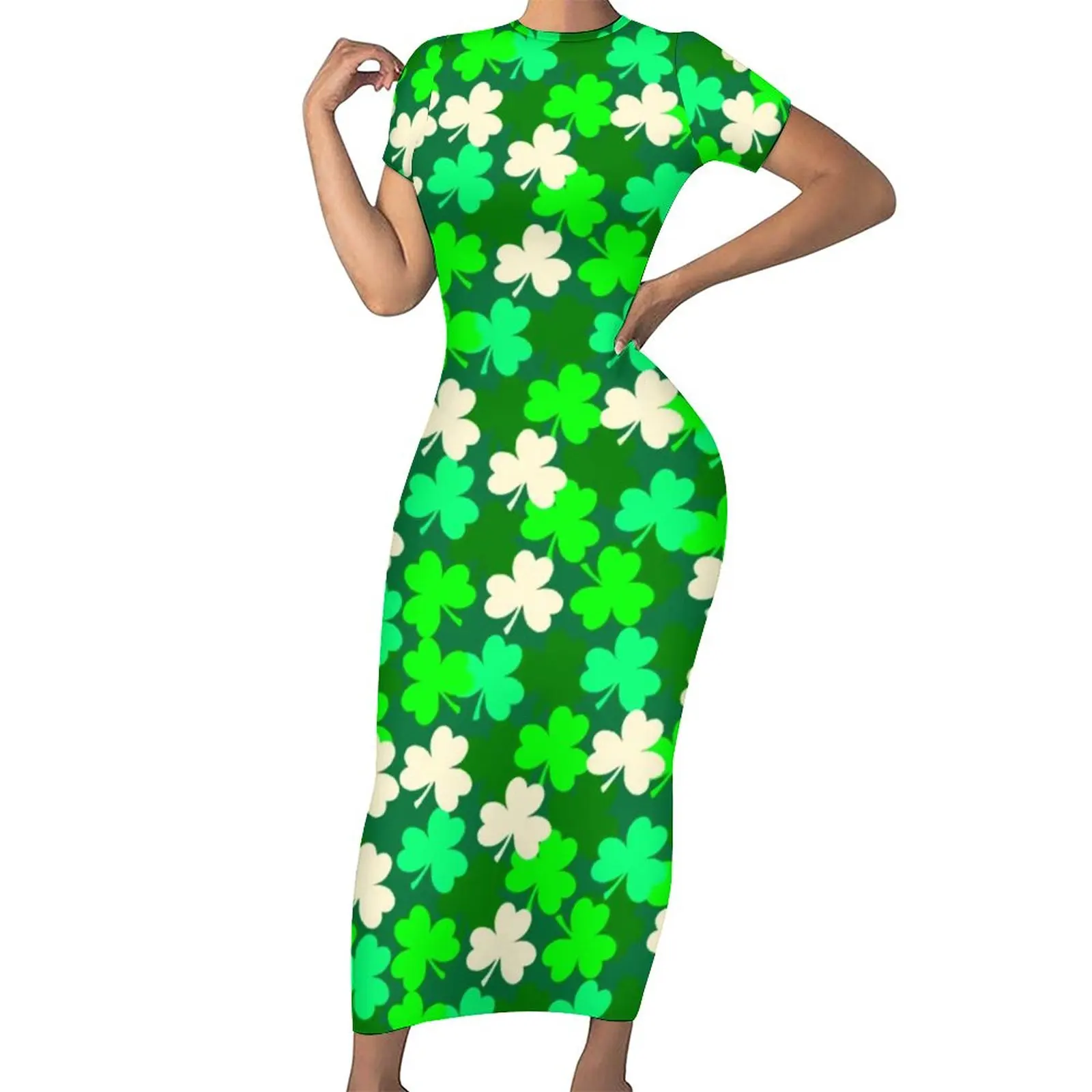 

Happy St Patrick's Day Dress Short Sleeve Lucky Shamrock Print Vintage Maxi Dresses Aesthetic Custom Bodycon Dress 3XL 4XL 5XL