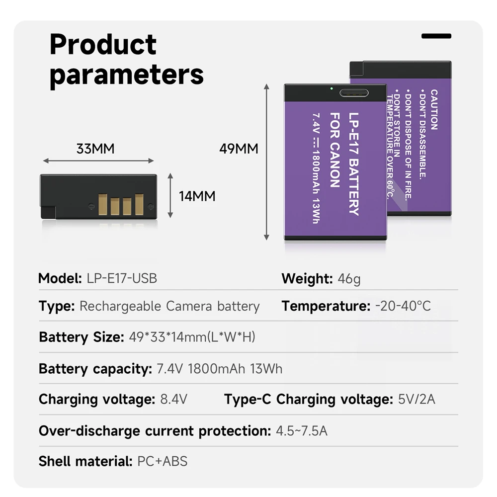 Rechargeable Battery Camera Battery PALO LP E17 LP-E17 Battery with Type-C Input for canon sl2 sl3 RP 200 250D M3 M5 M6 750D 760D T6i T6s 800D 8000D 77D Kiss X8i