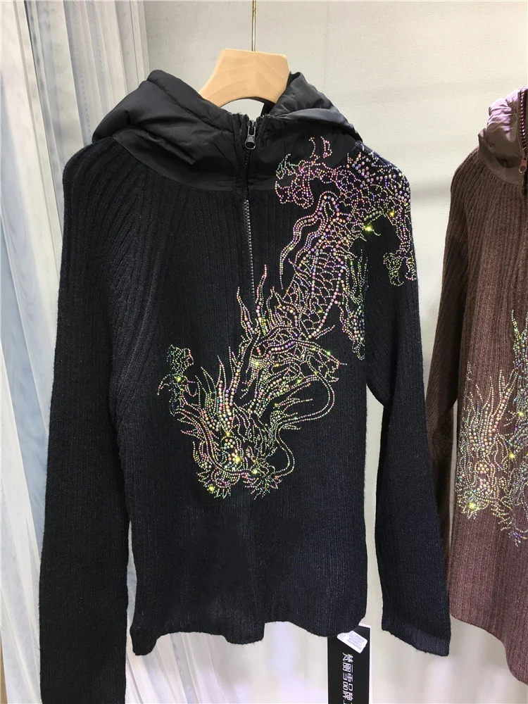 

Domineering Dragon Hot Drilling Women Sweaters Thicken Hooded Pullovers Hoodie Top All-match Diamonds Slim Knitted Sweatshirt