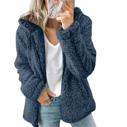 2024 Women Autumn Winter Jacket Female Coat Causal Soft Hooded Fleece Plush Warm Plus Size Faux Fur Fluffy Zipper Top Sudadera