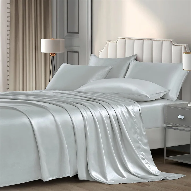 Mulberry Silk Bed Sheet Set with Fitted Sheet Flat Sheets Pillowcase Luxury Solid Color Bedding Sets Wrinkle-Free Antiallergic 3